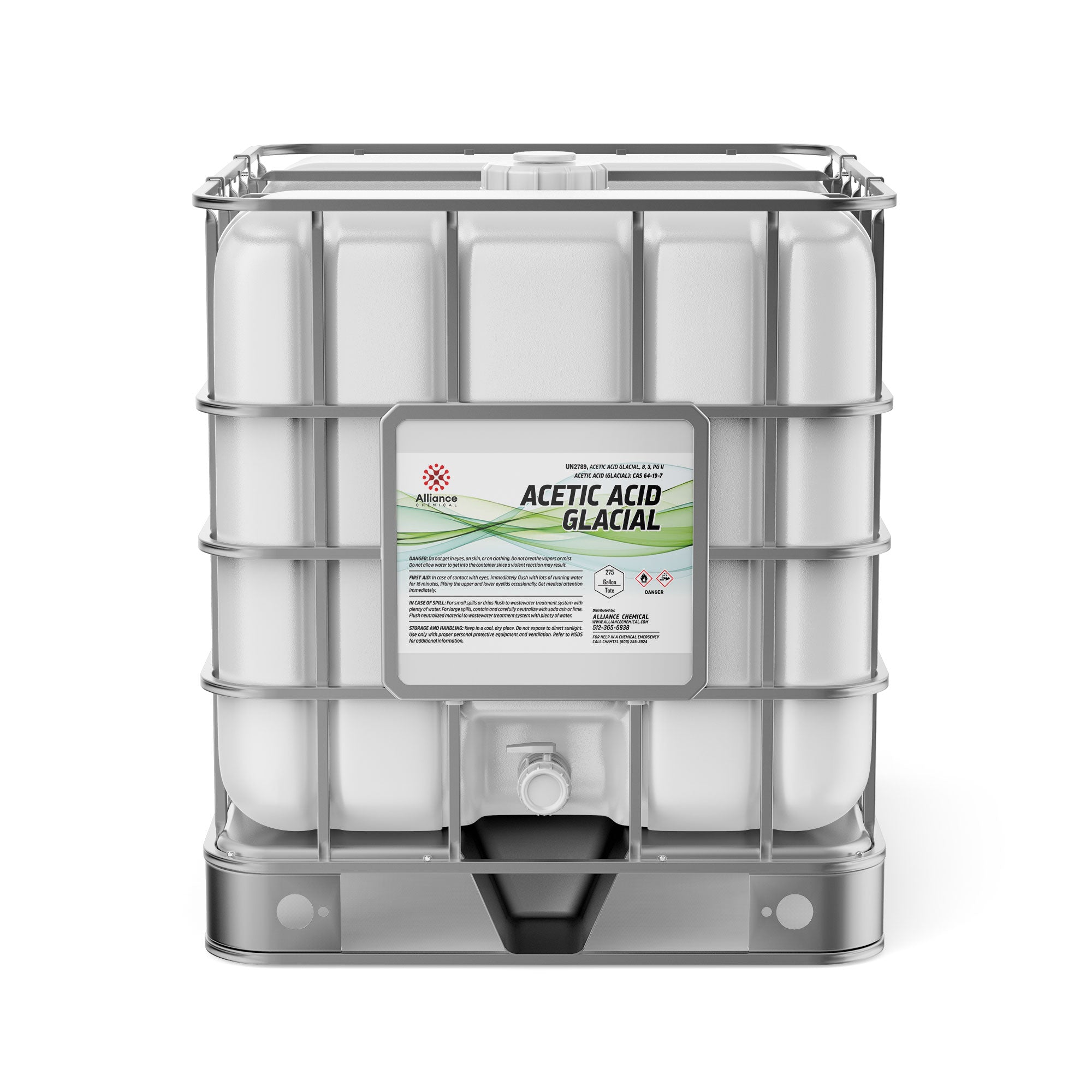 275-gallon IBC tote of Glacial Acetic Acid, Alliance Chemical brand, with metal cage frame, spigot valve, hazard warning symbols, and product identification label.